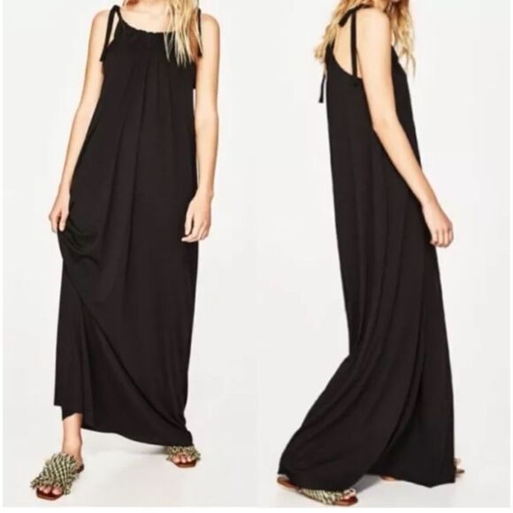 Zara Woman Basic Collection Black Shoulder Tie Flowy Maxi Dress, Size Medium - Picture 2 of 9